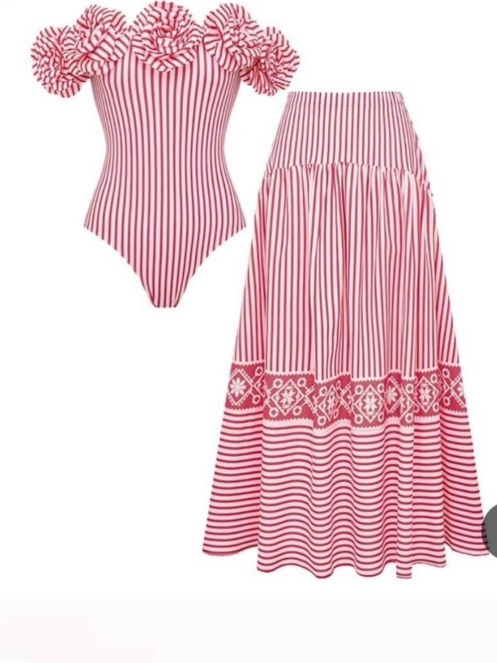 Striped Pink & White One-Piece Swimsuit with Floral Shoulder Detail